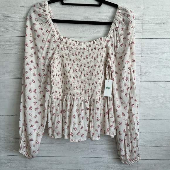 Dip Floral Shirred Square Neck Long Sleeve Blouse - Picture 2 of 12